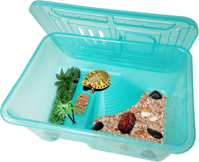 Fhiny Turtle Tank with Lid, Plastic Reptile Terrarium Turtle Breeding Box with Basking Platform Tortoise Aquarium for Crayfish Hermit Crabs Geckos Lizards Habitat Prevent Escaping (Small)