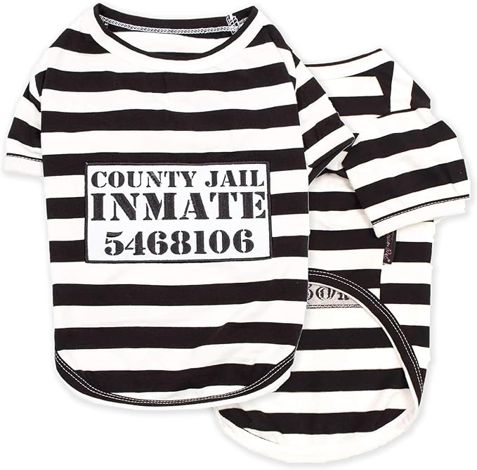 Parisian Pet Dog Shirt - Prisoner Dog Costume - 100% Cotton Black and White Stripes - Lightweight Polyester - Sleeved - 3XL