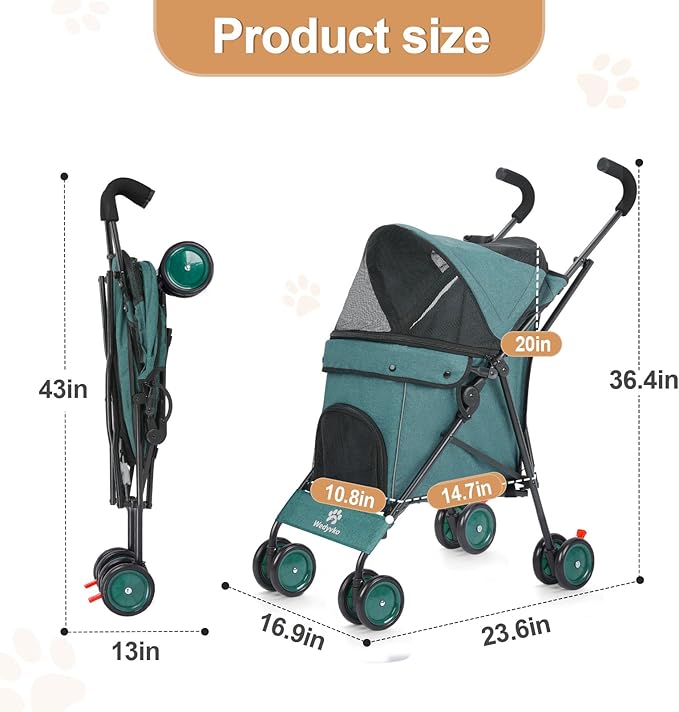 Umbrella Dog Stroller, 4 Wheels Pet Strolling, Foldable Carrier Pet Stroller for Small Dogs Cats, with Carrying Strap and Cup Holder, Dog Poop Bags & Dispenser, Up to 33 lbs, Dark Green