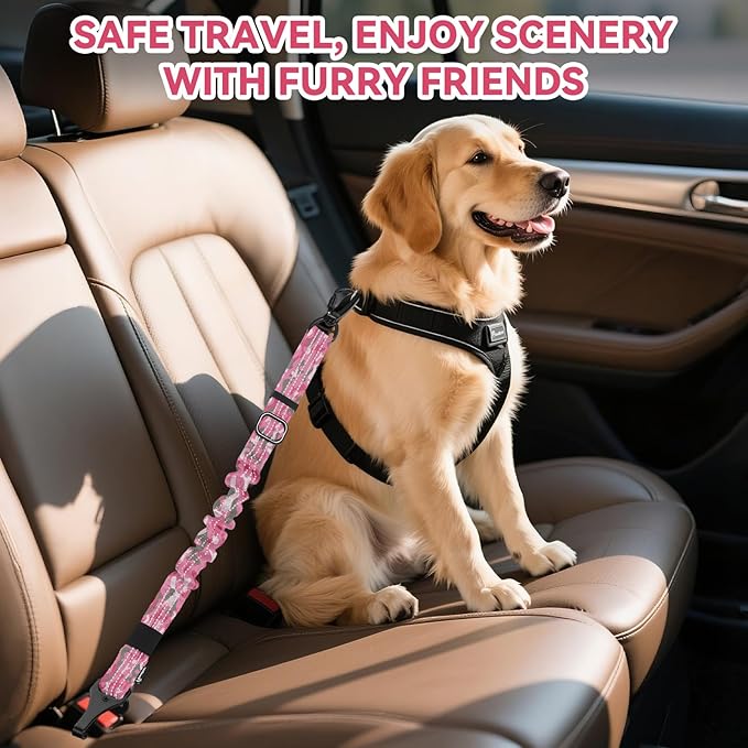 Pawaboo Dog Seatbelt for Car, 3-in-1 Dog Seat Belt Bungee, Shockproof Dogs Tether with Buckle & Hook Latch, Adjustable Reflective Dogs Cars Harness Leash with 360° Lockable Buckle, Pink Camouflage