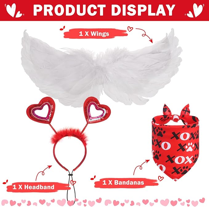 SCENEREAL Dog Outfit/Birthday Bandana with Feather Wing & Heart Headband Dogs Girls Set, Red Puppy Kitty Party Supplies for Small Medium Dogs Cats, Pet Costumes