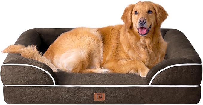 EHEYCIGA Orthopedic Dog Beds for Extra Large Dogs, Waterproof Memory Foam XL Dog Bed with Sides, Non-Slip Bottom and Egg-Crate Foam Big Pet Couch Bed with Washable Removable Cover, Brown