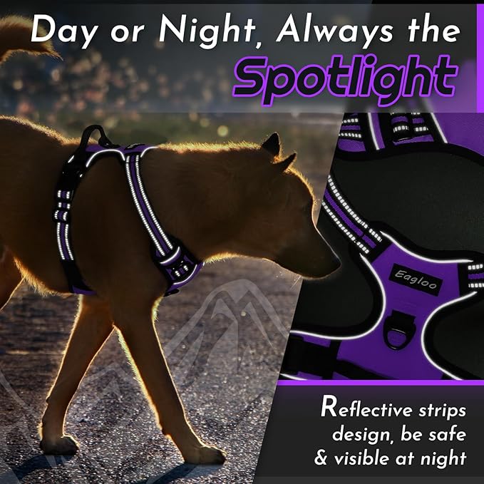 Eagloo Dog Harness for Large Dogs, No Pull Service Vest with Reflective Strips and Control Handle, Adjustable and Comfortable for Walking, No Choke Pet Harness with 2 Metal Rings, Purple, XL
