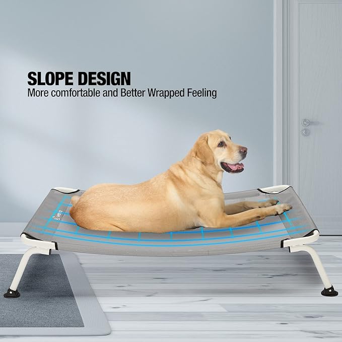 Veehoo Elevated Dog Bed for Outdoor, Cooling Waterproof Raised Dog Cots Beds for Medium Dogs, Curved Off Ground Pet Hammock Cot Lifted for Outside, up to 65lbs, White Legs, Grey 32"