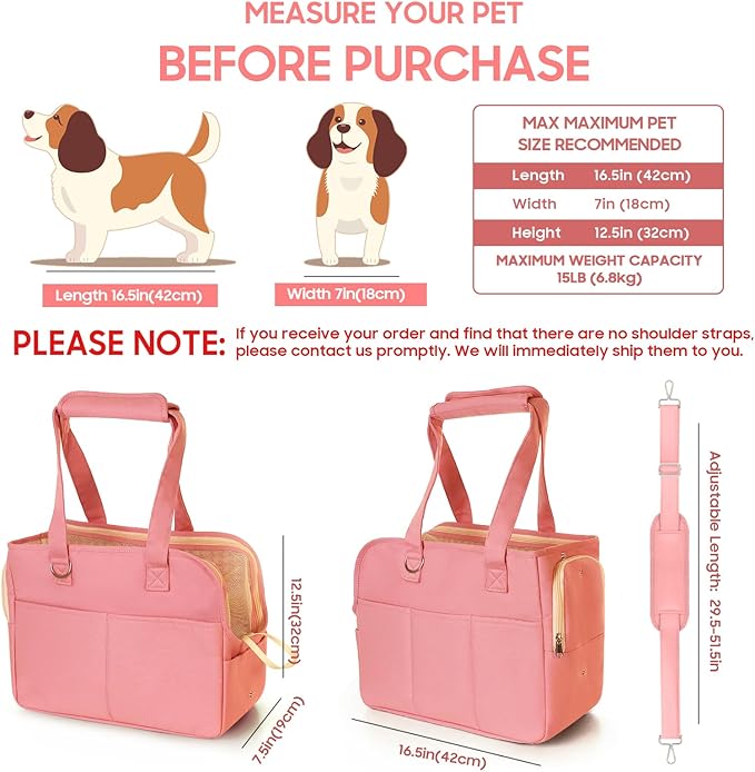 Dog Purse Carrier for Small Dogs, Soft Soft Sided Folding Dog Carriers for Small Dogs Medium Cats Puppies up to 15 Lbs, Washable Breathable Puppy Carrier for Outdoor Travel (Large Pink)