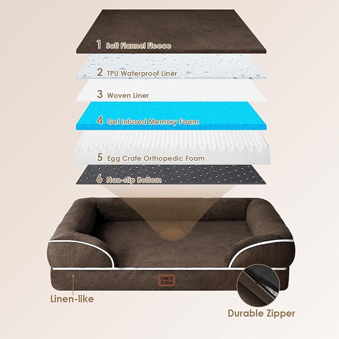 EHEYCIGA Orthopedic XL Dog Beds, Waterproof Memory Foam Dog Bed for Extra Large Dogs, Non-Slip Bottom and Egg-Crate Foam Big Pet Couch Bed with Washable Removable Cover, Brown