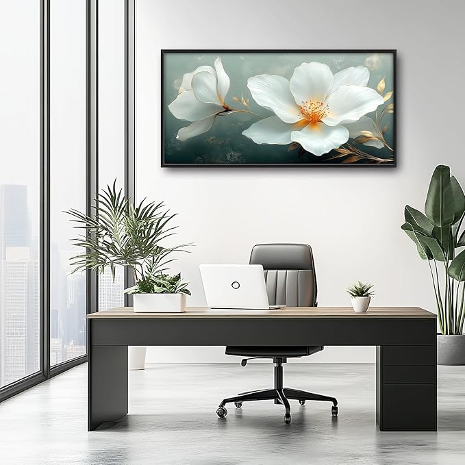 Large White Floral Wall Art for Living Room, Flower Canvas Oversized Wall Decor, Aesthetics Framed Pictures Painting Print Artwork for Bedroom Office 60L" x 30W"