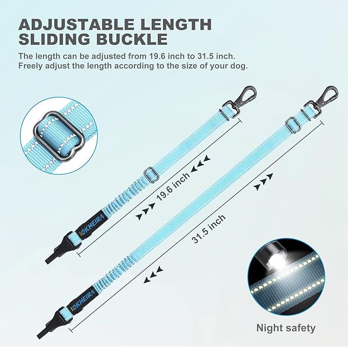 Dog Seat Belt 3-in-1 Car Harness for Dogs Adjustable Safety Seatbelt for Car Nylon Reflective Bungee Fabric Dog Car Harness with Clip Hook Latch & Buckle, Swivel Zinc Alloy Carabiner (Light Blue)