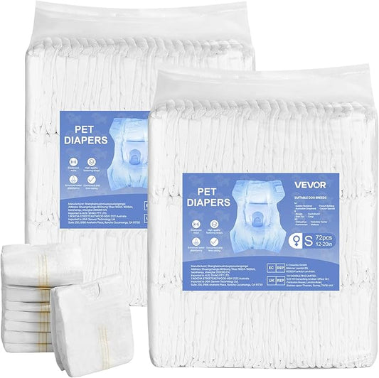 VEVOR Disposable Dog Diapers, Super Absorbent Female Dog Diapers, 360° Leak-Proof Female Doggy Pet Diaper with Wetness Indicator for Heat Period, Training, Incontinence - S, 144 Count (2 Packs of 72)