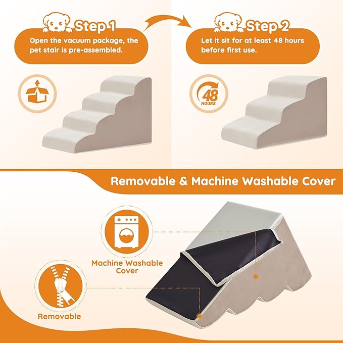 Pet Stairs, Dog Stairs for Small Dogs, Dogs Steps, 5-Step Curved Dog Ramp for Bed, Couch, Sofa, Car and Chairs, Non-Slip Bottom Design, Cat Scratching Board, High Density Foam Portable Pet Step, Beige