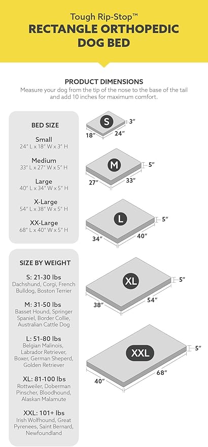 K9 Ballistics Tough Ripstop Orthopedic Rectangle Dog Bed Removable Washable Cover, Solid Orthopedic Foam for Size L Large Dogs 40"x34", Light Gray Velvet