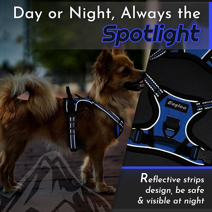 Eagloo Small Dog Harness No Pull, Service Vest with Reflective Strips and Control Handle, Adjustable and Comfortable for Easy Walking, No Choke Pet Harness with 2 Metal Rings, Blue, XS