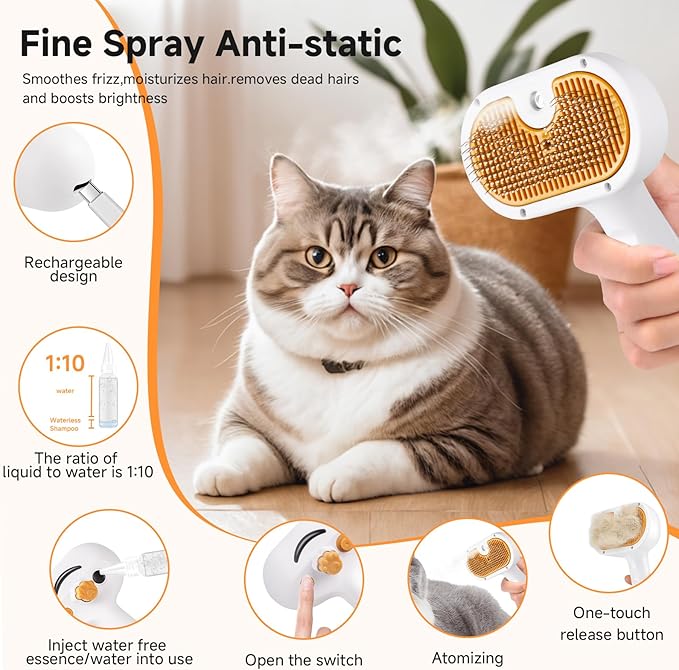 Pet Steam Brush for Dog & Cat – 3-in-1 Spray Hair Removal Comb – Steam Brush for Shedding & Grooming – Spritz Defur Comb – Includes Waterless Shampoo & Dental Wipes