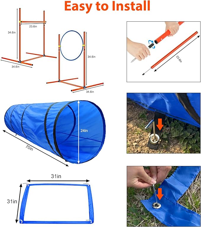 Dog Agility Training Equipment, Obstacle Agility Training Starter Kit for Doggie, Including Tunnel, 27 Weave Poles, Adjustable Hurdle, Jump Ring, Pause Box and Carrying Bag(Blue,L)
