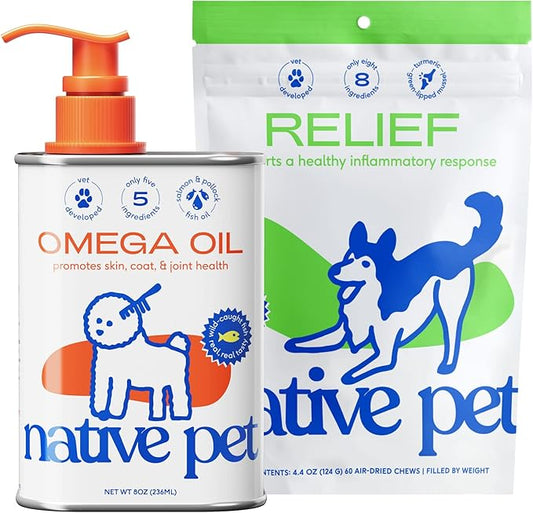 Native Pet Omega Oil for Dogs - Dog Fish Oil Supplements & Relief - Anti-Inflammatory Chews for Dogs | 60 Dog Chews | 8 oz. Omega Oil | Best Dog Arthritis Supplement & Dog Joint Pain Relief