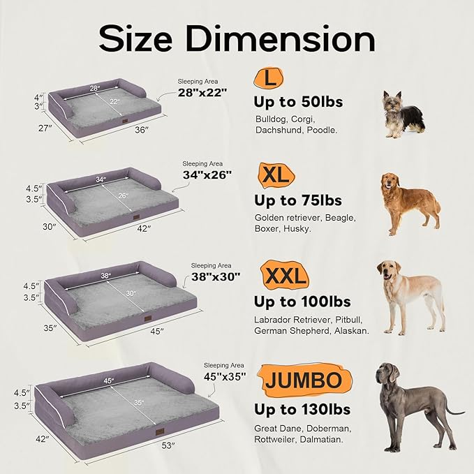 Orthopedic Large Dog Bed Washable, Dog Beds with Washable Removable Cover, XLarge Orthopedic Dog Beds for XLarge Dogs, Waterproof Pet Beds and Non-Slip Bottom, Extra Purple Large Dog Bed