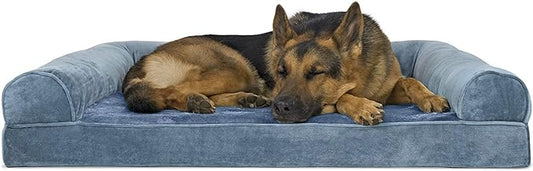 Furhaven Orthopedic Dog Bed for Large Dogs w/ Removable Bolsters & Washable Cover, For Dogs Up to 95 lbs - Faux Fur & Velvet Sofa - Harbor Blue, Jumbo/XL