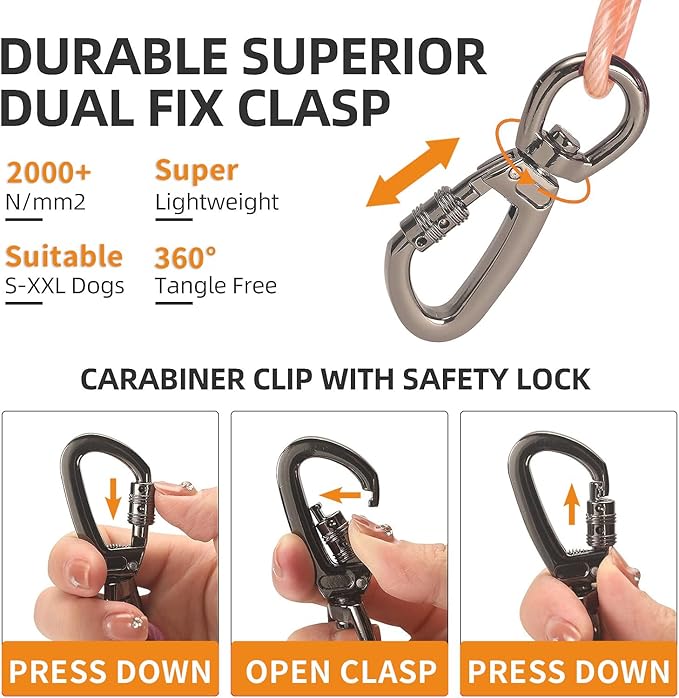 Dog tie Out Cable, 10/20/25/30/50/70/100 feet, Suitable for Dogs up to 350 pounds, Dog Cable with Swivel Buckle, Lightweight, Non-Winding, for Outdoor Camping, Yard Dog Cable (Orange, 50FT)