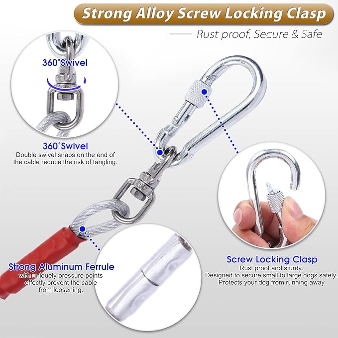 Dog Tie Out Cable for Dogs Outside Up to 125/250lbs,10/20/30/50FT Long Dog Leash&Chains,Small-Large Dogs Runner Cable for Yard,Heavy Duty Lead Line for Outdoor,Camping,Yard(250lbs 50FT, Silver)