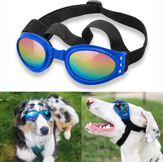 QUMY Dog Sunglasses Dog Goggles for Medium Large Breed Dogs, Wind Dust Fog Protection Eye Wear Pet Glasses with Adjustable Strap for Motorcycle Car Driving Bike Riding Hiking Swimming Over 15lbs Blue