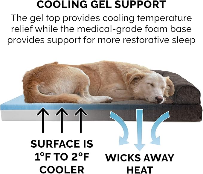 Furhaven Cooling Gel Dog Bed for Large Dogs w/ Removable Bolsters & Washable Cover, For Dogs Up to 95 lbs - Sherpa & Chenille Sofa - Coffee, Jumbo/XL