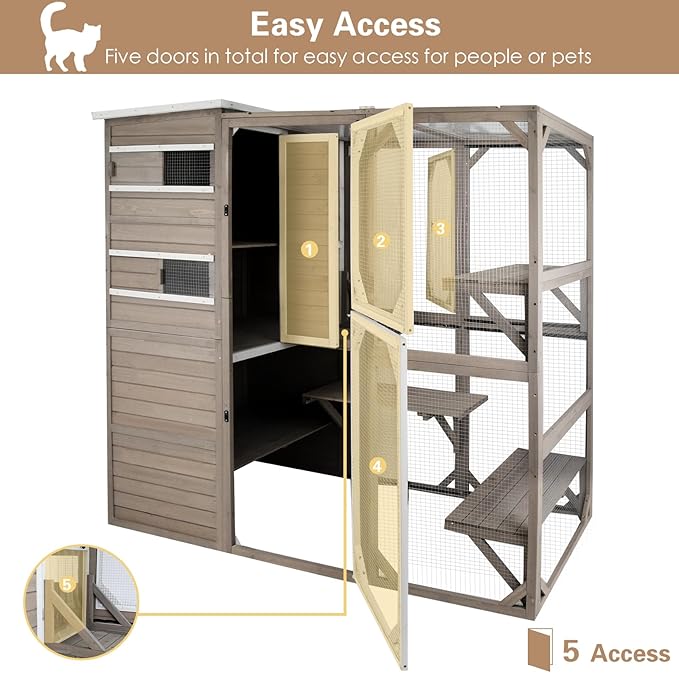 Catio Outdoor Cat Enclosure, Large Cat House Cat Cage Condo Indoor Playpen Kitty Shelter with Multi-Level Platforms, Waterproof Roof, Pull-Out Tray, and 2 Resting Boxes