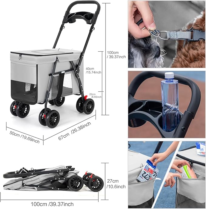 Pet Stroller Cat Dog Stroller Travel Folding Pet Carriers（Gray）