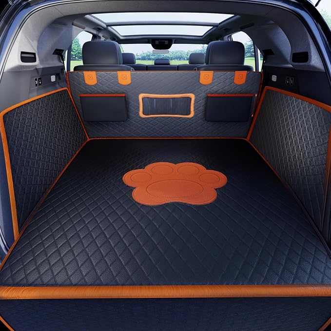 SUV Cargo Liner for Dogs, PU Leather Waterproof Pet Trunk Cargo Cover Dog Seat Mat for SUVs Sedans Vans with Bumper Flap Protector, Non-Slip, Large Size Universal Fit, Black