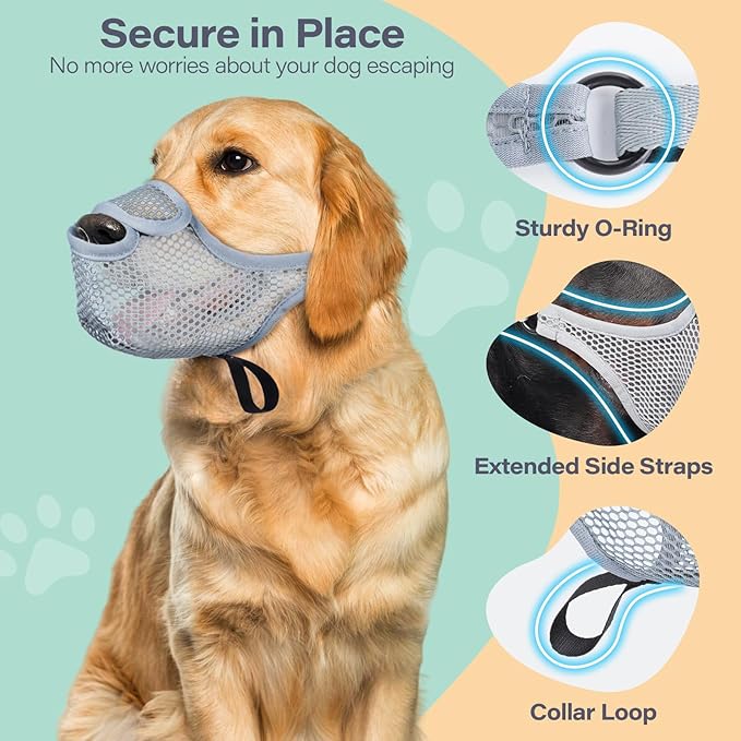 LUCKYPAW Dog Muzzle for Large Medium Small Dogs, Patented Mesh Muzzle to Prevent Biting Chewing Eating, Soft Mouth Guard with Front Opening Design for Drinking Panting(Grey, L)