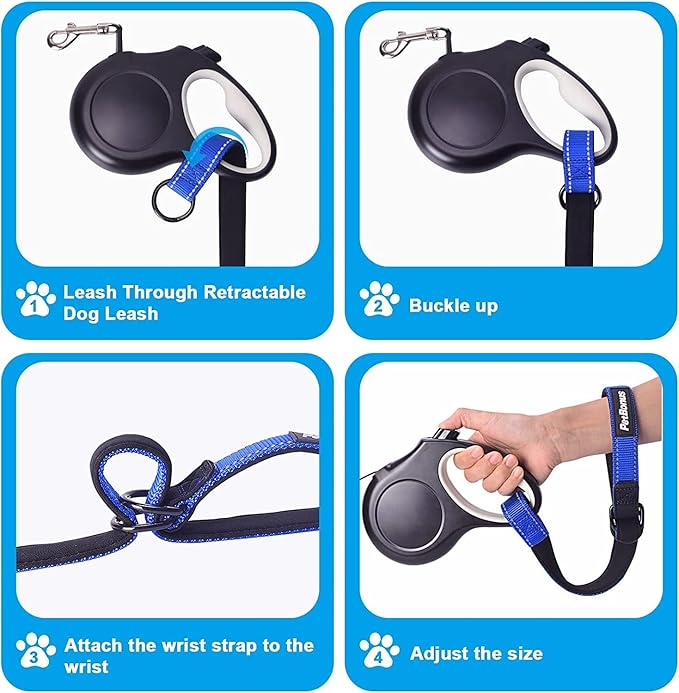 PetBonus 2 Packs Short Dog Leash, Safety Wrist Strap for Retractable Dog Leash, Reflective Design and Adjustable Soft Padded Handle, Extra Layer Security for Pet Stroller (Blue, Blue)