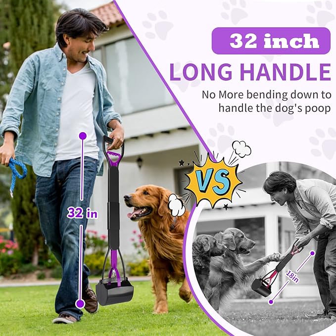 UPSKY 32'' Pooper Scooper for Large Small Dogs, Long Handle Dog Poop Scooper with Waste Bags, Portable Dog Poop Pick Up Tool, Folding Poop Scoop for Yard, Grass, Dirt, Gravel
