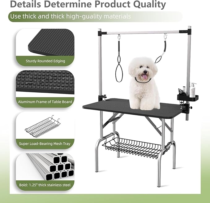 VFK 36" Dog Grooming Table,Foldable Pet Grooming Table for Dogs at Home Black Stainless Steel Bath Grooming Station with Adjustable Arm,Nooses, Mesh Tray,Tool Organizer