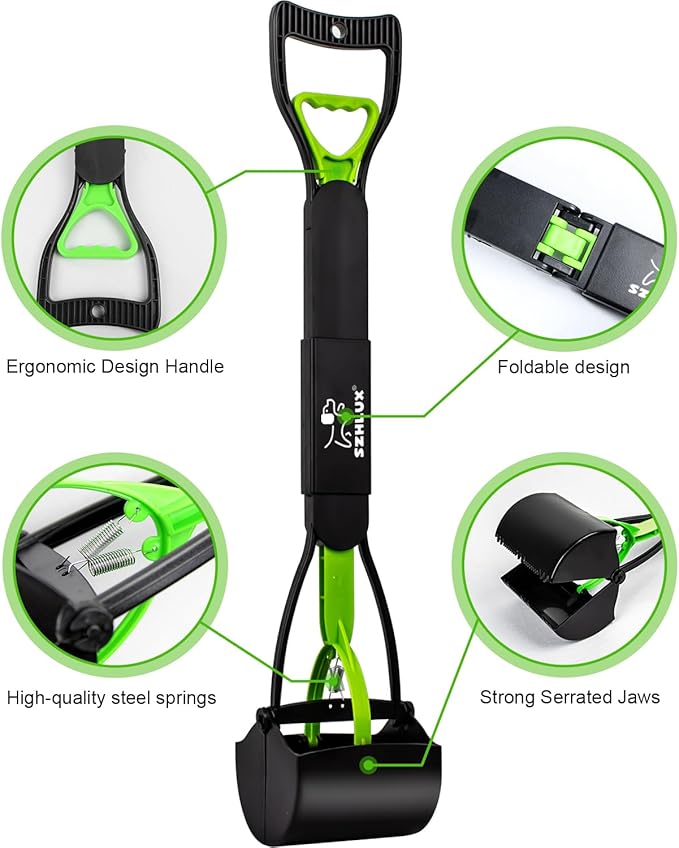 SZHLUX 28" Pooper Scooper, Foldable Dog Pooper Scooper with Unbreakable Material and Durable Spring for Grass and Gravel, Green