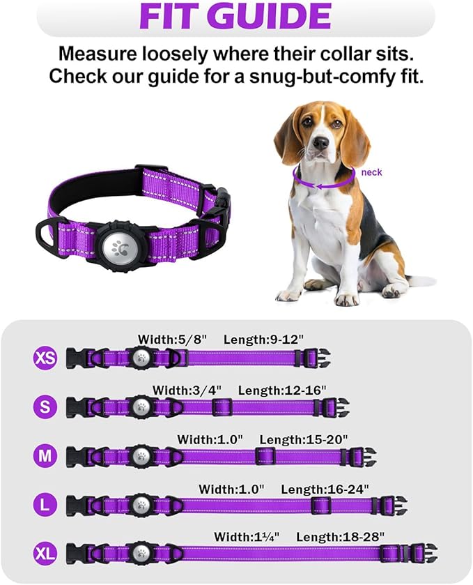TagME Airtag Dog Collar,Waterproof Reflective Pet Collar with Airtag Holder,Soft Padded and Double D-Rings for Large Dogs,Purple