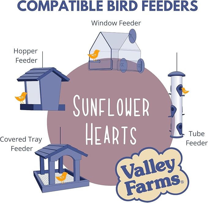 Valley Farms Whole Sunflower Hearts for Birds, Girasol Kernels Wild Bird Food, No Mess Wild Bird Seed for Outside Feeders (4 LBS)
