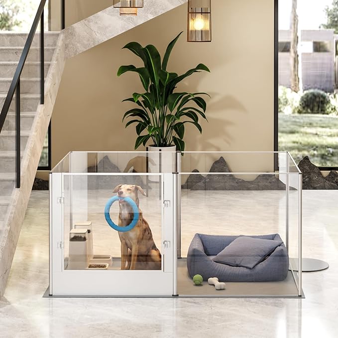 Dog Clear Playpen Fence Kennel: 32" Extra Tall Puppy Birthing Enclosure with Waterproof Fertility Pad - 64"x43" Pet Heavy Duty Play Pin Corral with Transparent View and Lockable Door for Dogs Bunny