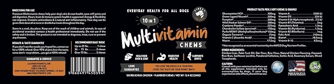 Multivitamin Dog Supplement – 10 in 1 with Omega Fish Oil & Glucosamine for Improved Joint & Skin Support, Gut, Digestion & Immune Everyday Health (120 Chewable Treats)