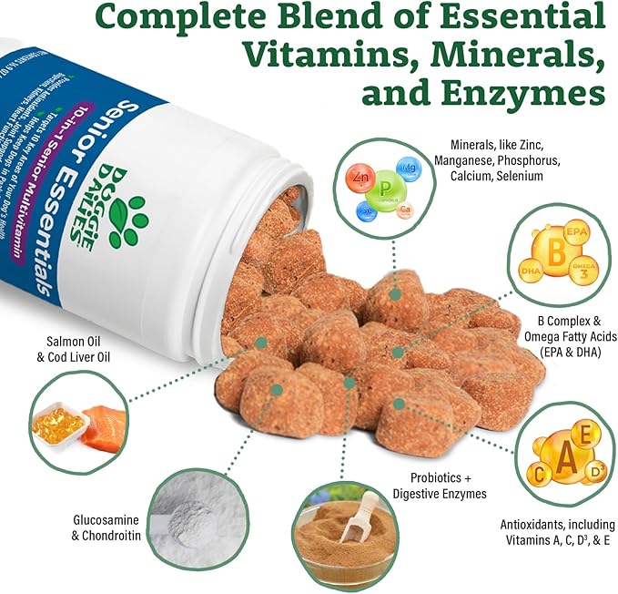 Doggie Dailies Senior Essentials Multivitamin for Dogs Soft Chews | Advanced Dog Multivitamin | Nutritional Support for Joints, Skin & Coat, Digestion, and the Immune System | Bacon Flavor | 120 Count