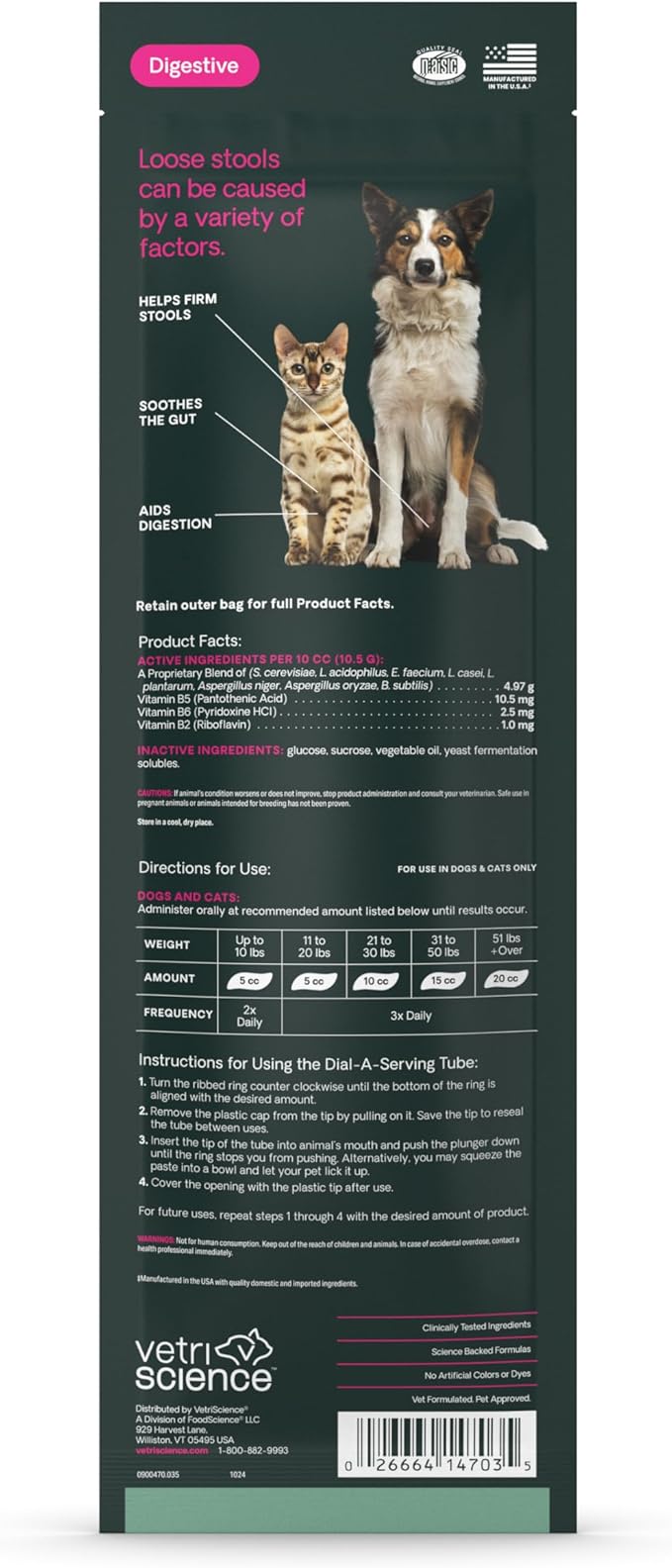 VetriScience Quick Action Diarrhea Aid Paste with Probiotics & B Vitamins, Fast Balance Digestive Support Supplement for Dogs and Cats, Gut Balancer, Help Stop Diarrhea, Unflavored, 35 cc