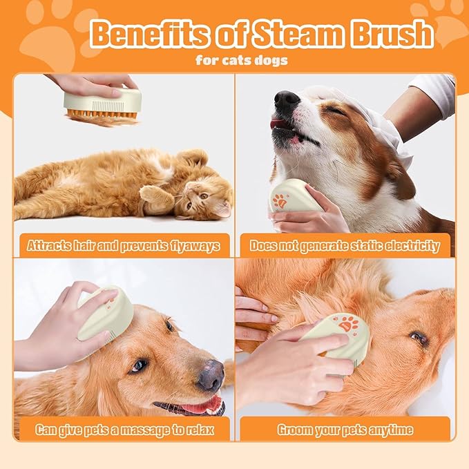 Steam Brush for Cats Dogs,Cat Steam Brushes for indoor Cats,3 in 1 Steam Cat Brush for Shedding,Silicone Pet Spray Hair Removal Comb for Massage,Combing,Rechargeable Dog Brushes for GroomingYellow