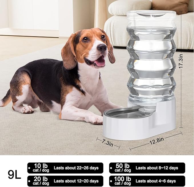 Sfozstra Automatic Pet Water Dispenser: 9L Lagre Dogs Stainless Steel Gravity Feeder - Convenient Drinking Water Dispenser Designed for Dogs and Cats (White, 9L)