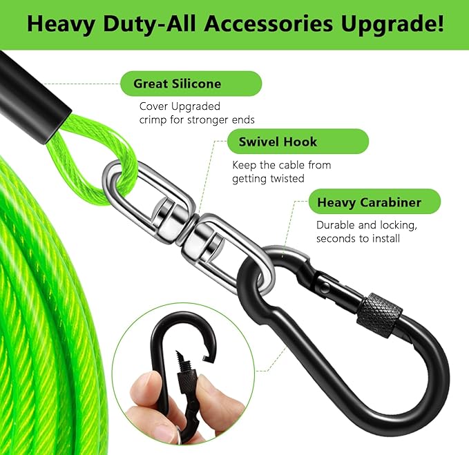 Dog Tie Out Cable 15FT-500Lbs,Heavy Duty Dog Leads&Tether for Yard with Swivel Hook,Small Large Dogs Leash Line for Outside,Rust Chew Proof Dogs Run Cable for Outdoor Camping (Green, 15FT)