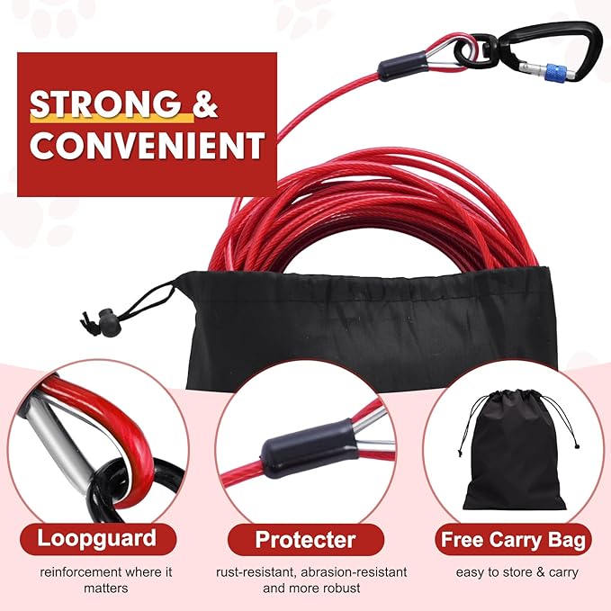 Snagle Paw Dog Tie Out Cable 30FT-1000LBS Break Strength,Heavy Duty Dog Leads for Yard with Shock Absorbing Spring & Swivel Hook,Long Leash Cable for Outdoor Tethering,Dog Line for Small Large Dogs