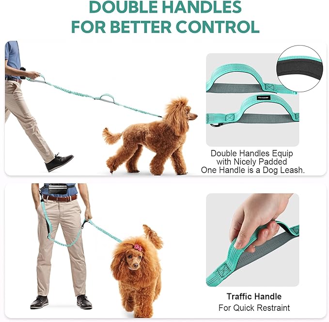 Hands Free Dog Leash, Retractable Bungee with Double Padded Handles, Waist Leash for Dog Walking, Heavy Duty Dog Leash for Medium & Large Dog, Dog Walking Accessories, Green