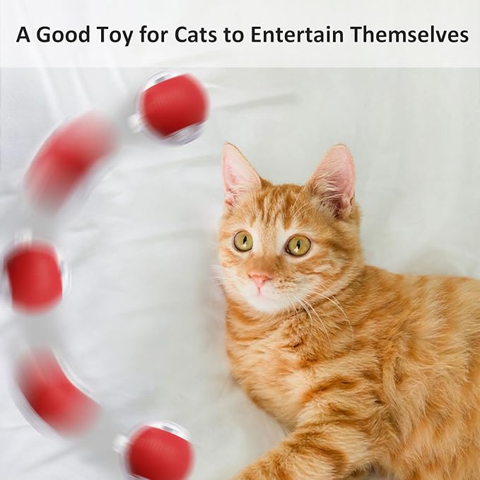 Interactive Cat Toys for Indoor Cats, 360° Smart Automatic Kitten Toys Self Rolling Pet Ball, Moving Dog Cat Ball with Mesh Tail for Bored, USB Rechargeable (Red)