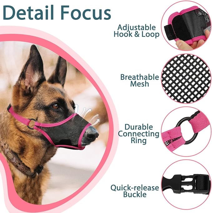 LUCKYPAW Dog Muzzle, Mesh Muzzle for Large Medium Small Dogs, Soft Mouth Guard for Biting Chewing, Breathable Mouth Guard with Adjustable Strap for Training(Hot Pink, S(Snout:7.75"-8.75"))