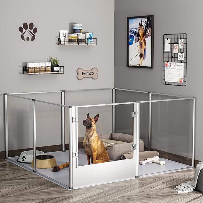 Dog Clear Playpen Fence Kennel: 32” Extra Tall Indoor Pet Birthing Cage Whelping Box with Waterproof Fertility Pad - 52”x52” Extra Large Dogs Exercise Crate Pen Made by Acrylic and Aluminum Frame