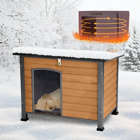 Feral Dog House Outdoor,Anti Bite Iron Frame Dog Kennel,Wood Warm Pets Home,Insulated Weatherproof Outside Shelter for Feral Animal (33.5"(L)×22"(W)×25.2"(H)-Brown-in)