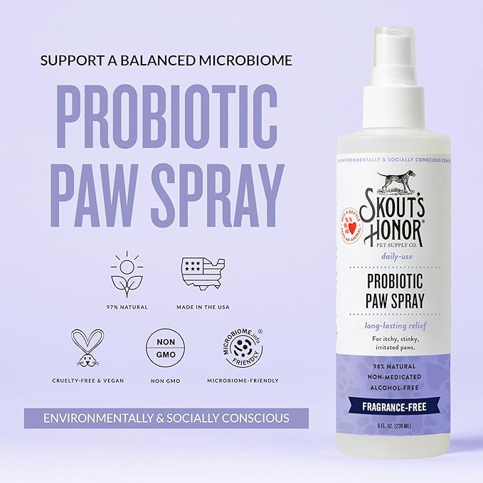 Skout's Honor Probiotic Paw Spray for Dogs - Microbiome-Friendly Certified - Alcohol-Free, Fragrance-Free & Non-Medicated - Supports Healthy Skin & Relieves Itchy, Stinky Paws, 8 oz, 2-Pack