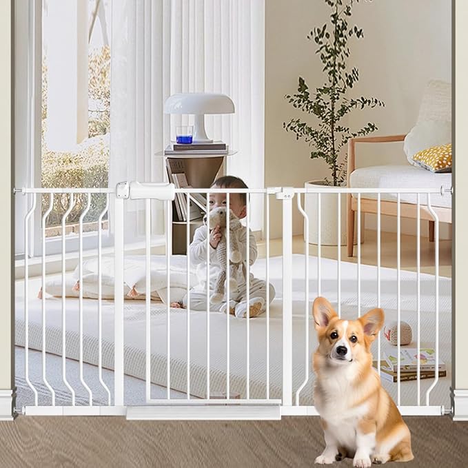 TSAYAWA Extra Wide Baby Gate with Door,38.5-43.3 Inch Walk Through Large Long Child Gates for Stair Doorway - Indoor TSAYAWA Outdoor Safty Gate for Toddler Pet Dog Doggie White